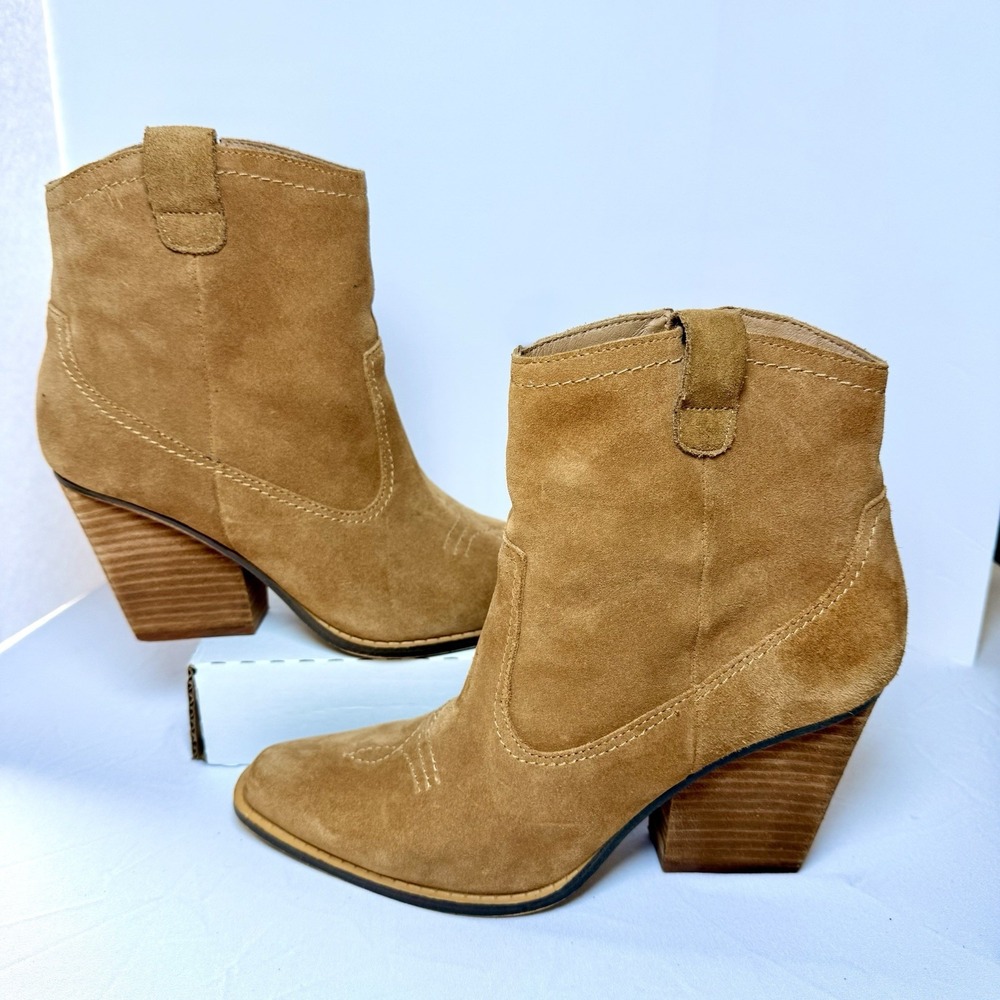 Chinese Laundry Corinna Tan Suede Western Ankle Bootie Block Heel 8